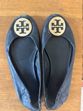 Tory Burch Black Leather Logo Ballet Flats with Gold Emblem